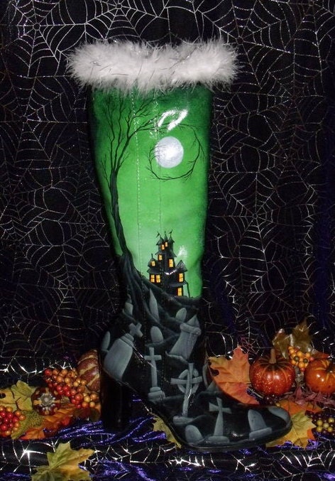 Hand Painted Spooky Halloween Haunted House and Graveyard Scene Witch's Boot