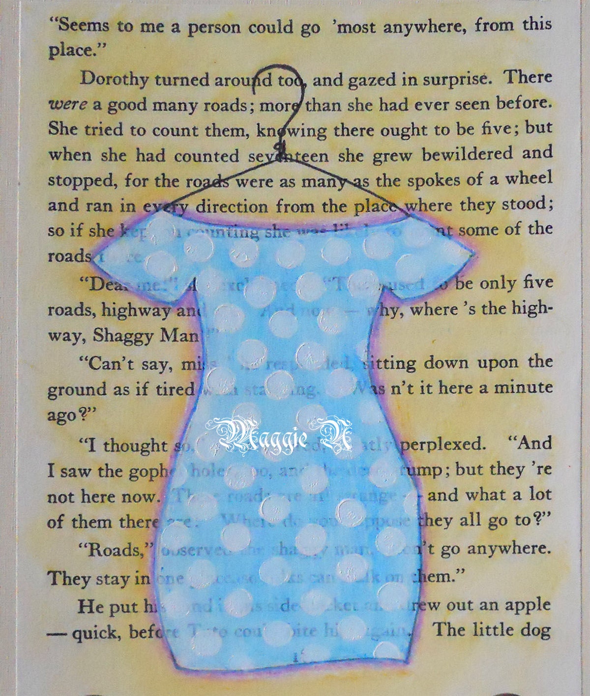 Polka Dot Dress on a Hanger - Painted on a Vintage Book Page - Original Mixed Media Art