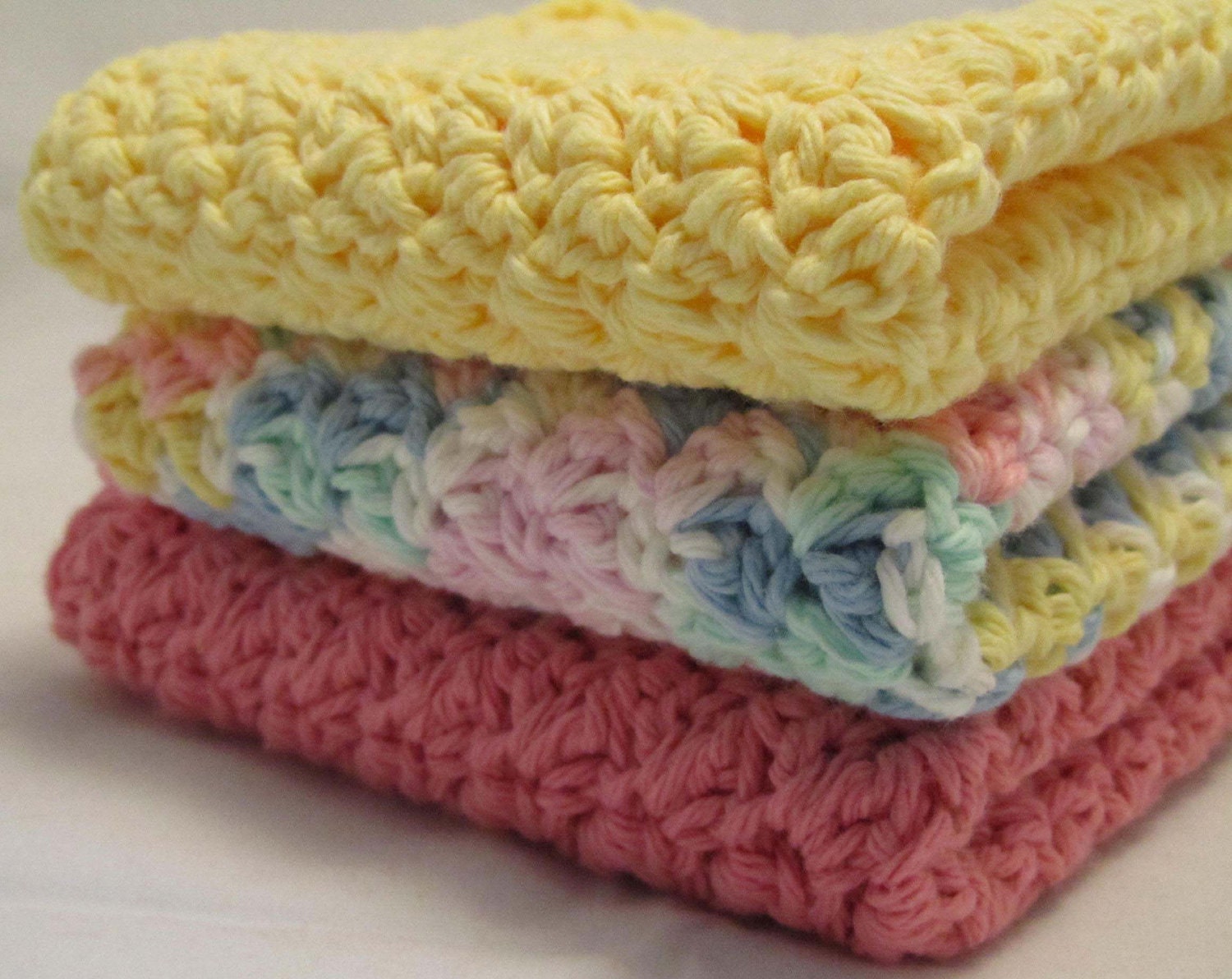 Shipping Included 3 Crocheted Cotton Dishcloths Washcloths 9X9