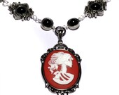 SteamGoth Jewelry - Necklace - White and Red Skeleton Lolita portrait Cameo  -  Black Onyx
