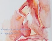 Original Watercolor Painting of Standing Female Model in Soft Reds