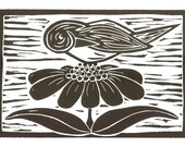 Bird on a Flower original block print 4x6, black ink