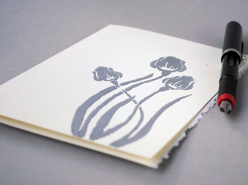 Tulip Silhouette Blank Notecard - Metallic Silver Floral Block Print Card