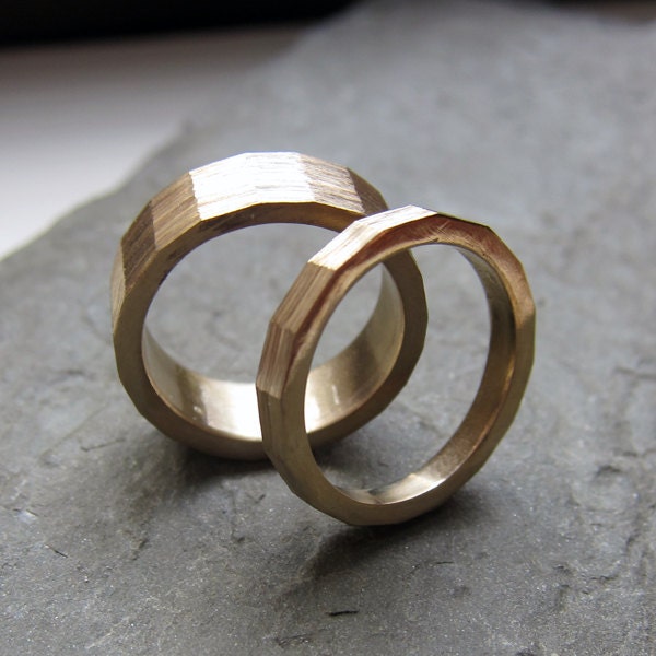 Modern brass wedding ring set - alternative rings - hex shape - industrial - made to order - custom