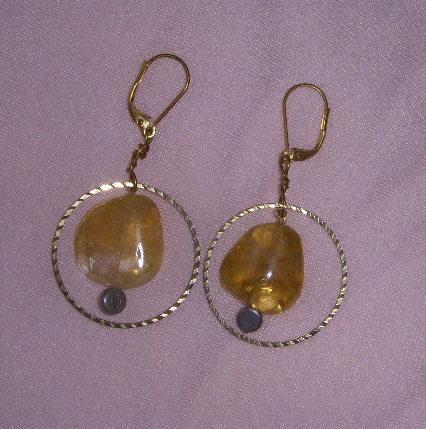 Chunky Citrine with a small Gray Pearl in Gold Plate Earrings