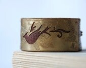 Bird Bracelet Brass Etched And Hand Pierced On Upcycled Leather Cuff Spring Time
