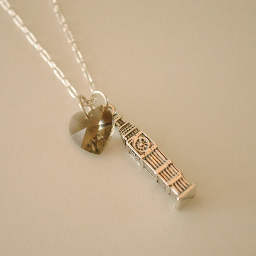 I Heart London - Sterling Silver Big Ben Clock Tower Charm Necklace with Swarovski Crystal Heart
