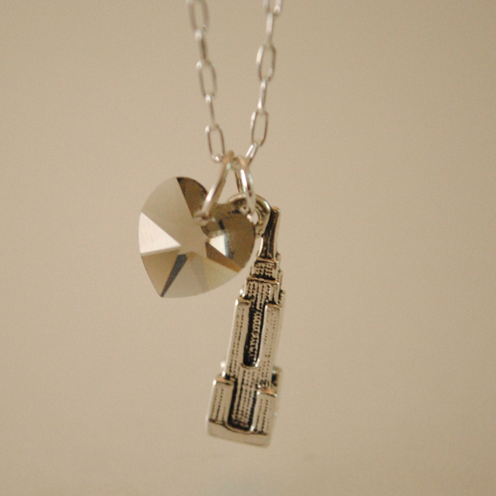 I Heart New York - Sterling Silver Empire State Building Charm Necklace with Swarovski Crystal Heart