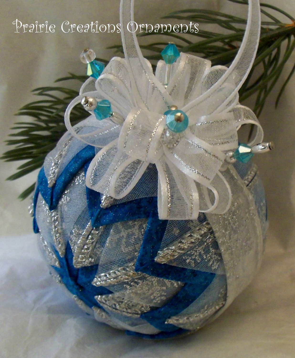 Quilted Ornament Turquoise, White  and Silver Snow Christmas Ball