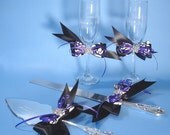 Personalized Damask Wedding Toasting Champagne Flutes and Gold or Silver Cake Serving Set, Custom Colors, Engraved