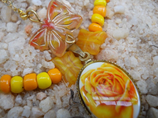 Butterfly and Vintage Rose Necklace Free Shipping US and Canada