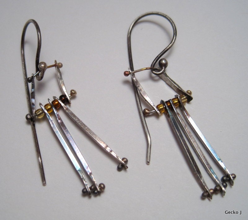 Sterling Silver Metal Twigs and Glass Bead Earrings