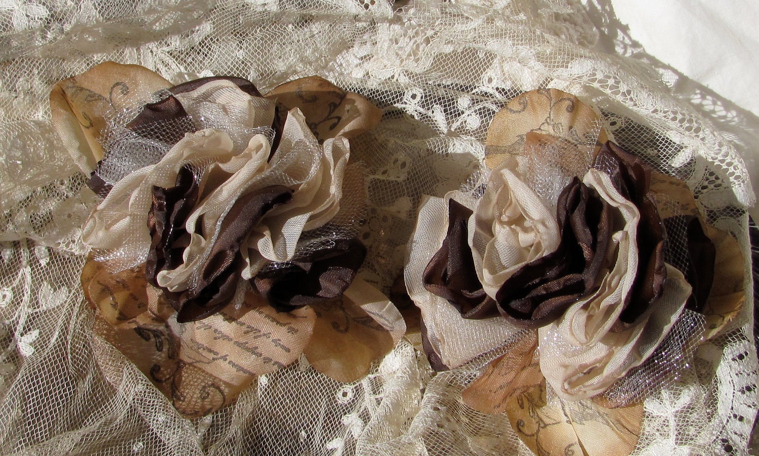 Fabric Hand stamped Flower Place Card Holder Or Decoration Latte and Chocolate Brown  Set of 10 by My Broken Art on Etsy