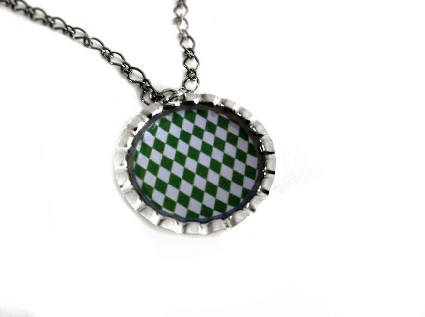 Green & White Harlequin Necklace by Everyday Bohemian. Silver and Gunmetal Grey with Diamond Design.
