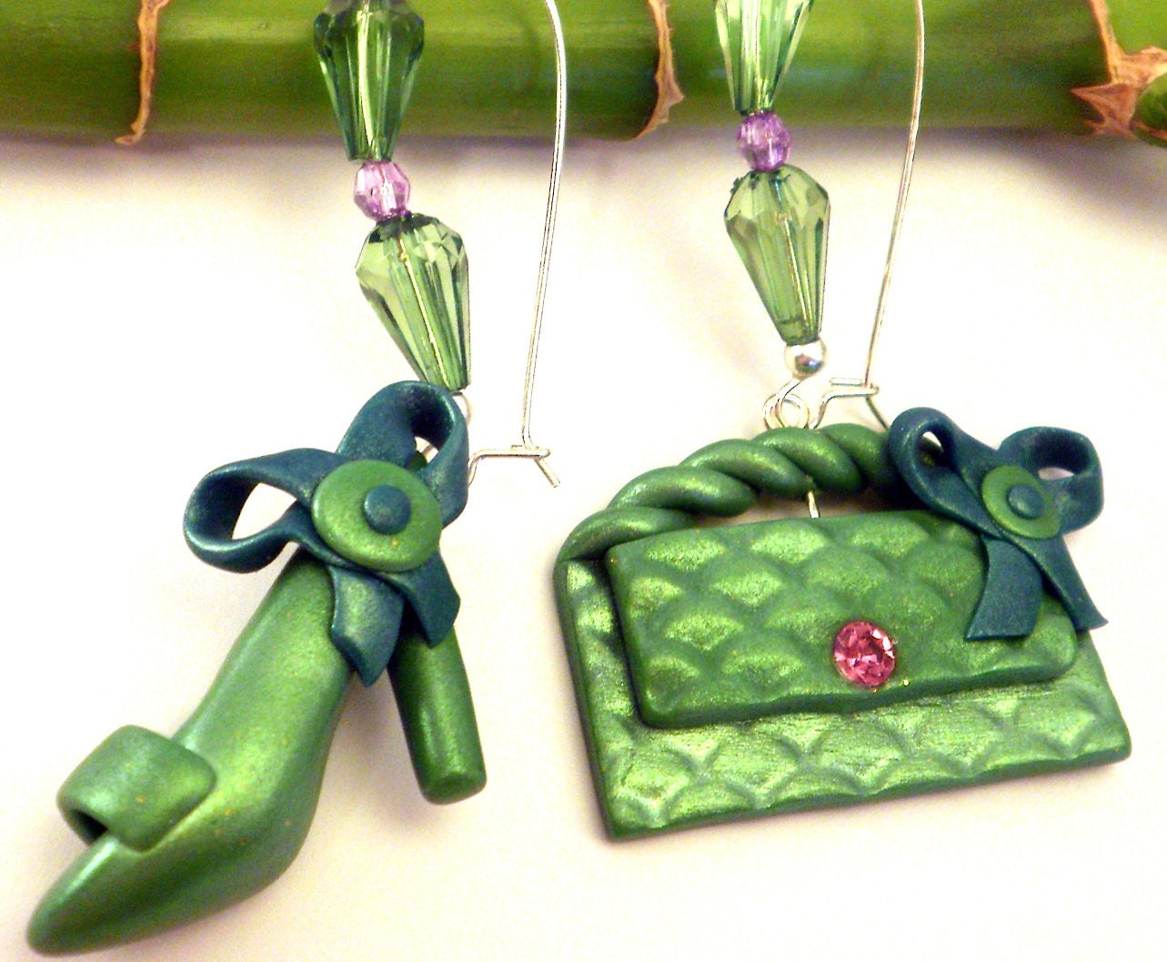 Green High Heel Sandal and Fancy Purse Earrings Handmade FREE SHIPPING - SoCool Collection