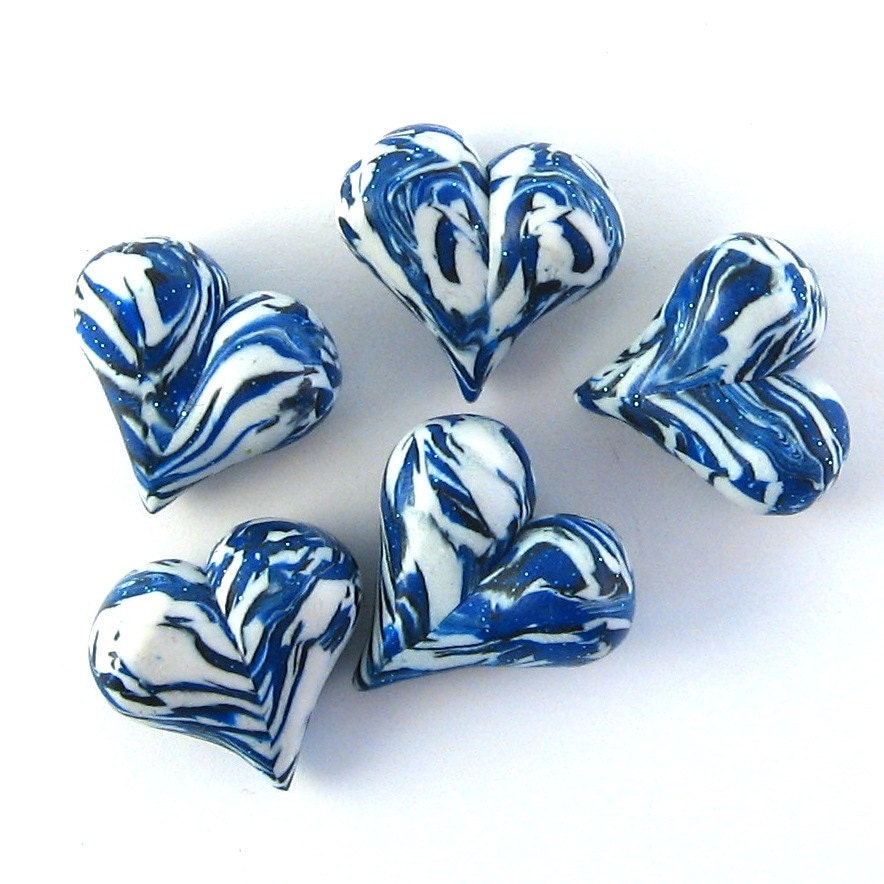 Handmade Polymer Clay Beads Blue White Hearts 22mm 5ct BE125 - KaelMijoy