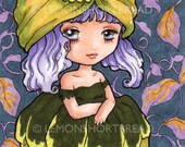 ACEO Art Print Artichoke Girl, Fairy Purple Blue Olive Nature Fantasy  - Limited Edition 1/25