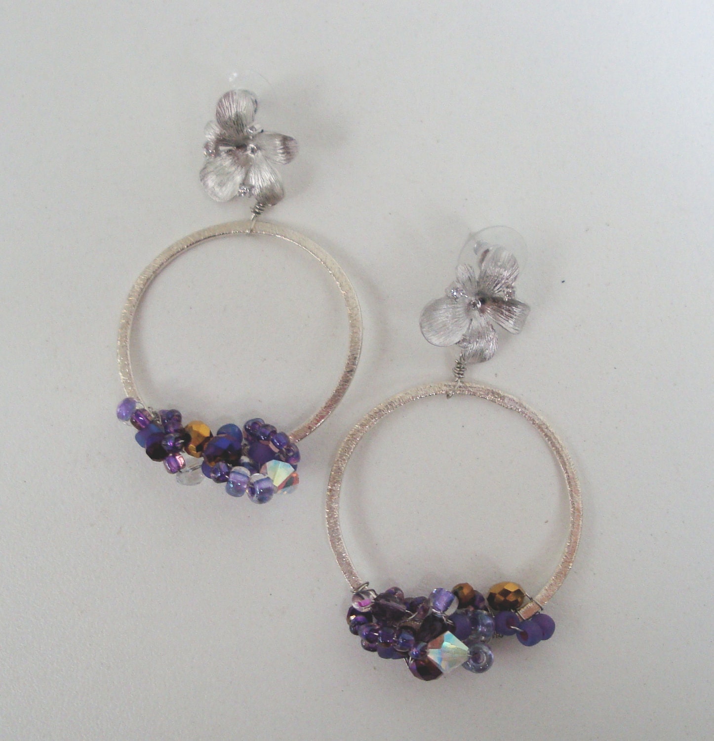 Matte Sterling silver vermeil orchid with tiny rhinestones, Hoop earring with wire wrapped purple crystals and seed beads