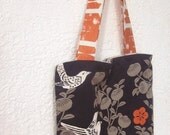 Large Tote Bag - Brown and Orange with Birds and Flowers