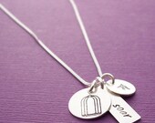 Free Spirit Necklace in Sterling Silver - Birdcage and Soaring Bird Charms - Personalized, Hand Stamped, Engraved