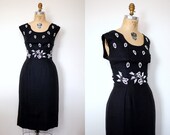 50s cocktail dress / black linen beaded dress / From This Day Forward