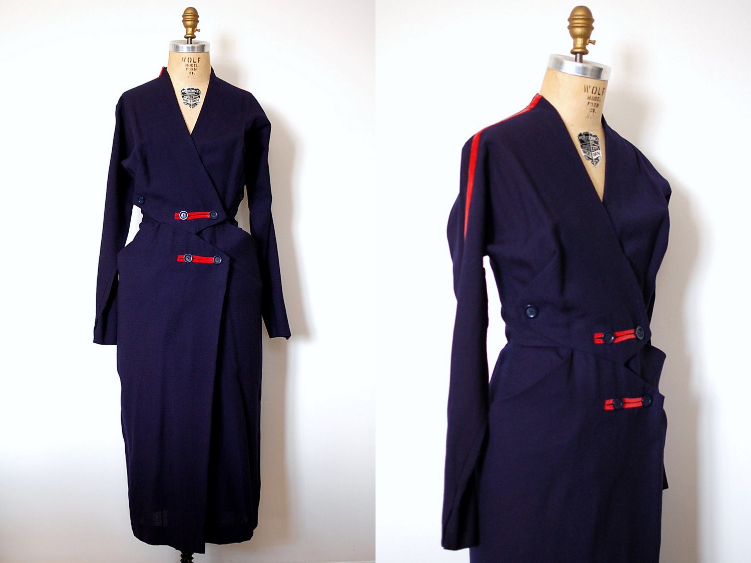 40s Dorothy O'Hara Dress / 1940s Navy Military Wool / Button Details