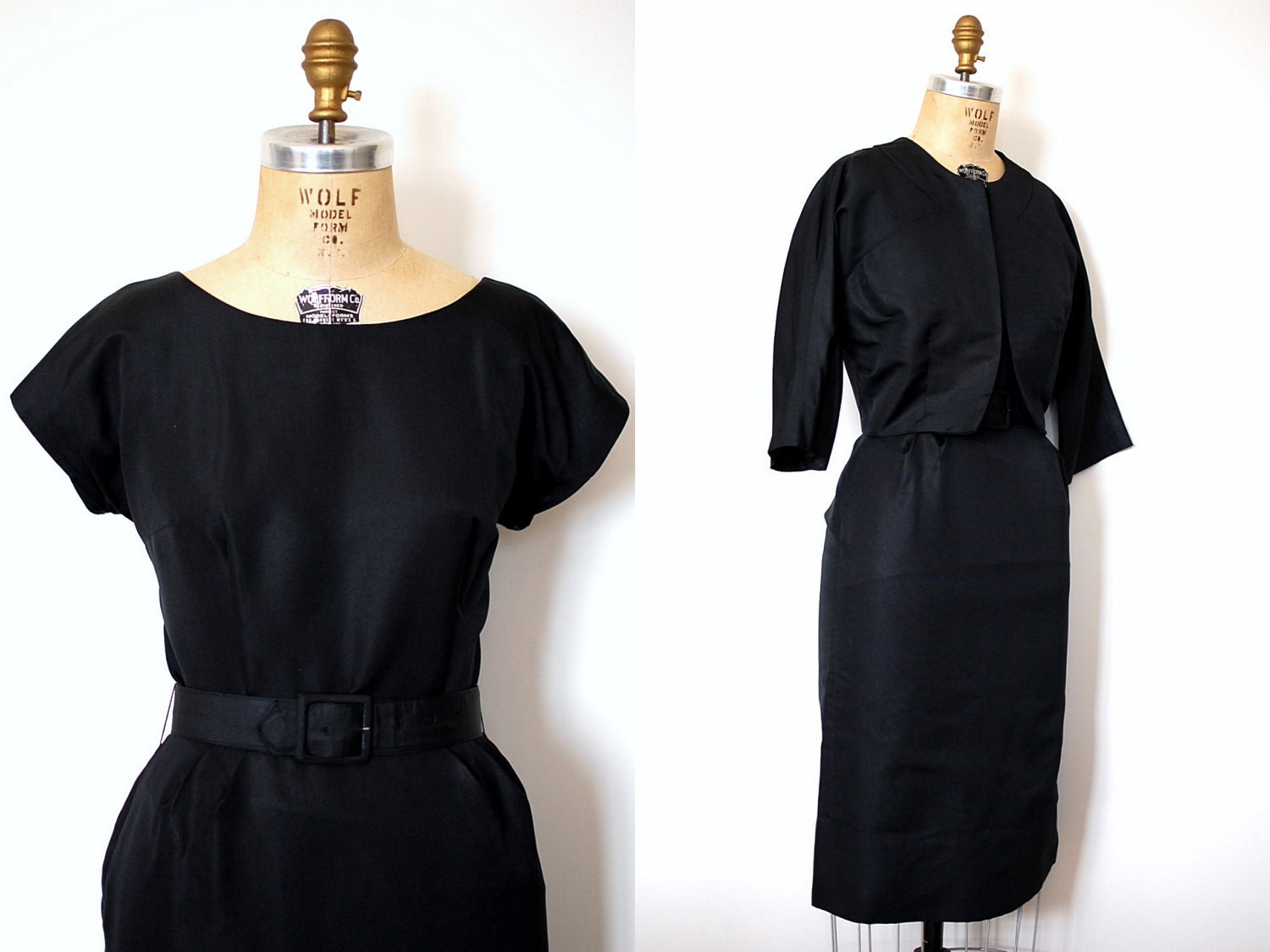 1950s cocktail dress / black silk faille / vintage 50s dress and jacket set