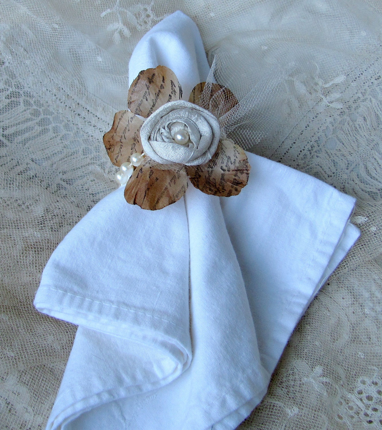 Flower Napkin Rings Hand Stamped French Script  Set of 6  by My Broken Art on Etsy