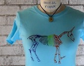 Womens Unicorn Skeleton Tshirt, Rainbow unicorn tee shirt, dyed turquoise blue or custom colors