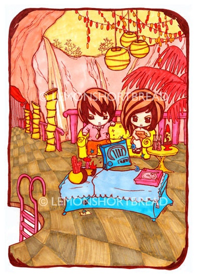 Art Print 5x7" Teatime Pop Cute Couple, Giclee Archival, Pink Kawaii Surreal Fantasy Room