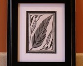 Birds and a Feather original block print 5x7, black ink