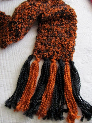 Halloween Scarf Black & Orange, Crocheted, Double-Thick