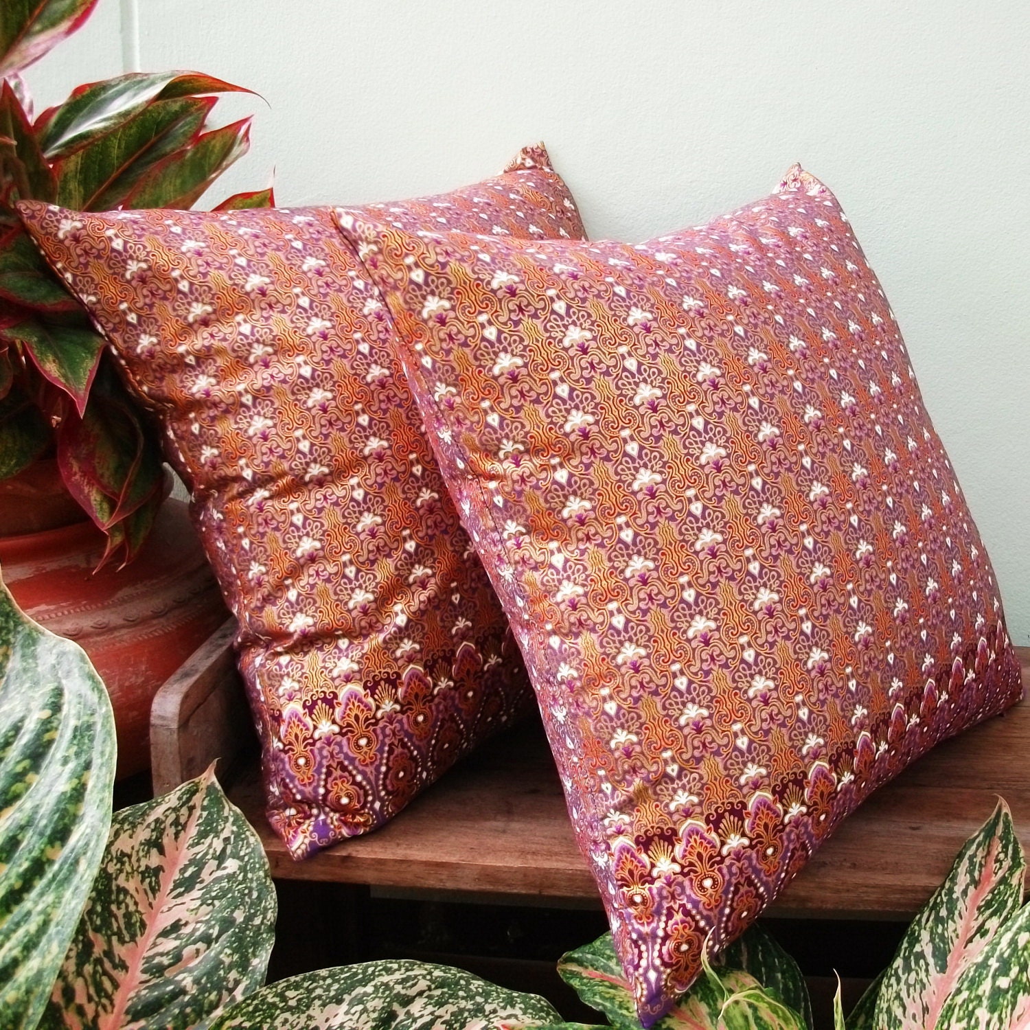 2 Pillow Covers Violet or Purple and Gold  painted sofa Throw decorative pillow cushion covers 18 inches