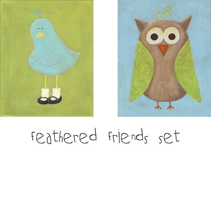 Feathered Friends - Set of 2 8x10 PRINTS - Owl and Birdie