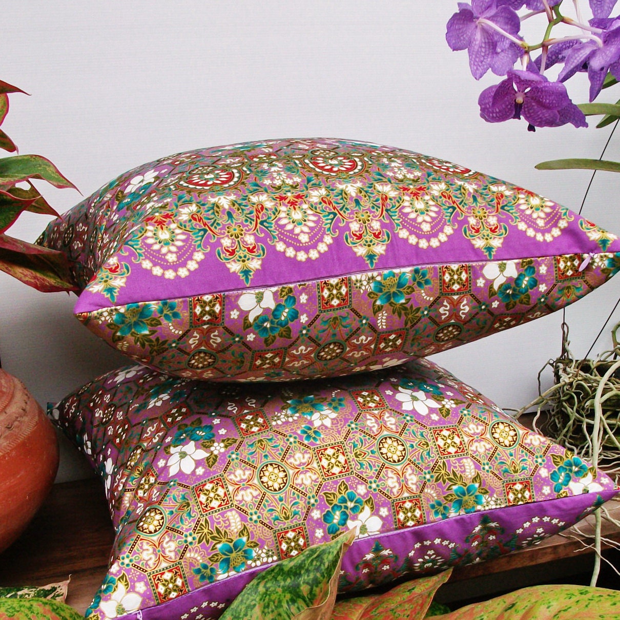 2 Pillow Covers Purple and Gold  Flower Painting sofa Throw decorative pillow cushion covers 18 inches