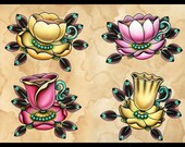 Flower Teacups Tattoo Flash - Print