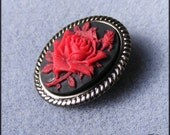 Gothic Rose Cameo Brooch Pendant Red on Black 25x18mm