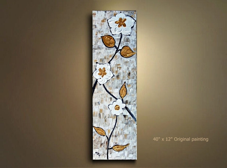Made to Order Original Abstract white Gold flower Texture Art painting great metallic 12x40 Modern Contemporary acrylic Painting by OTO