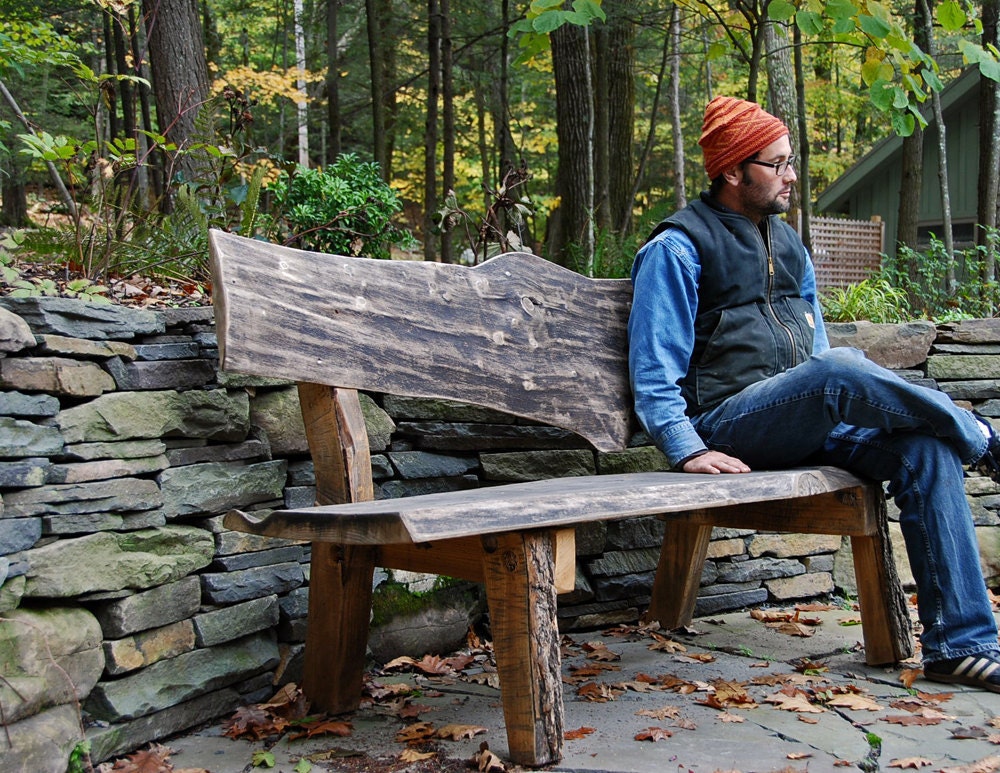 West Ohayo Mountain Bench Rustic Wood Furniture Catalpa Slab and Steel Eco Sustainable Outdoor Furniture Home and Garden