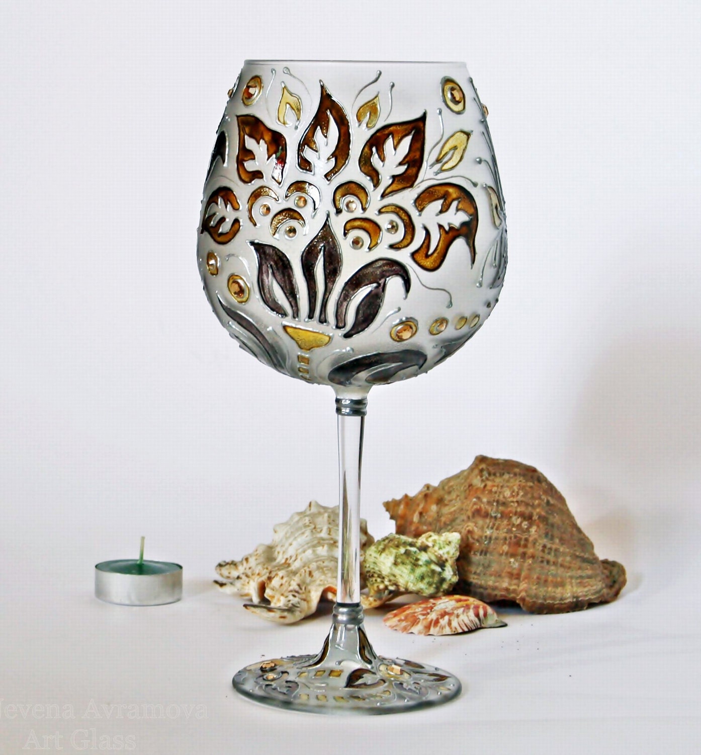 Wine Glass Baloon-Decorative-Tea Light Candle Holder Hand Painted Art Nouveau Design