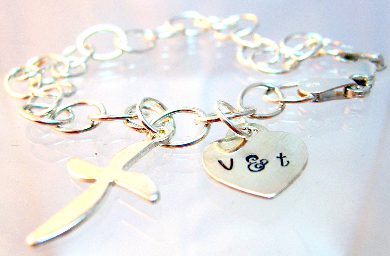 Pin Wheel Cross Charm Sterling Silver Charm Bracelet Monogrammed Initals Silver Filled Tiffany Heart