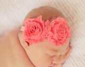 Shabby Chic Coral Pink/Orange Frayed Flowers on Pale Coral Stretch Headband Infants, Babies or Adults