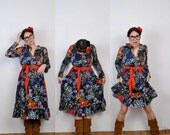 Navy Blue Red Chartreuse Lightweight Layers Dress 1960s Maekos Medium