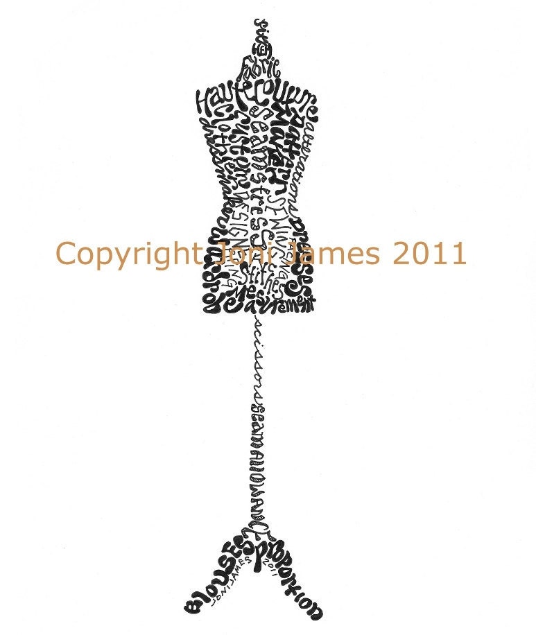 Dress Form Mannequin Word Art Typography Calligram or Calligraphy Illustration 8x10 Matted Print by Joni James on Etsy