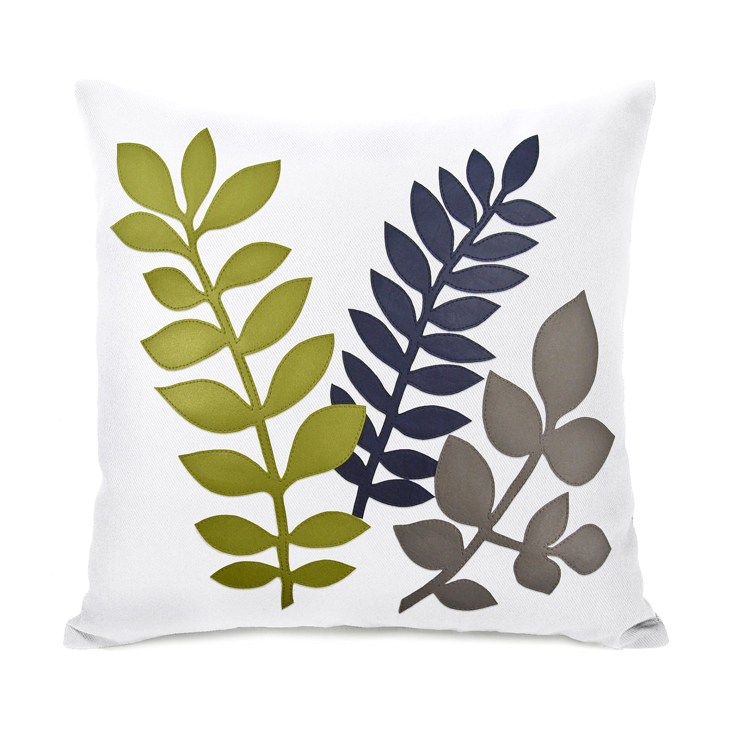 Woodland decorative pillow cover - Modern apple green, navy blue and grey tree leaves applique on white fabric - 16x16 accent pillow