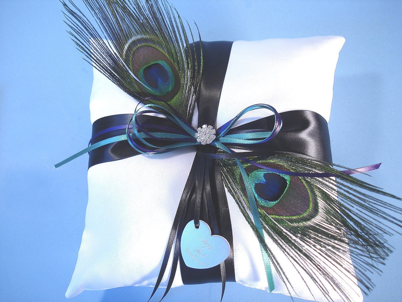 Personalized Peacock Wedding Ring Bearer Pillow in White or Ivory with Custom Colors and Engraving