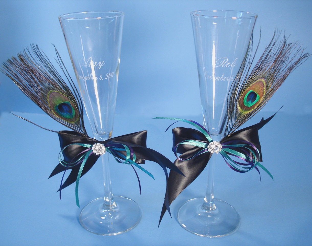 Peacock Wedding Champagne Toasting Flutes in Custom Colors with Personalized Engraving