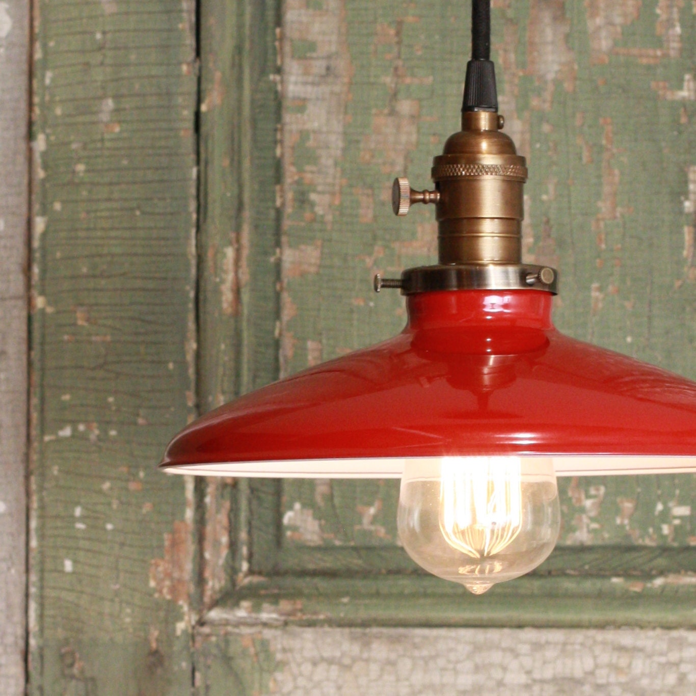Pendant Light With Red Enamel Shade