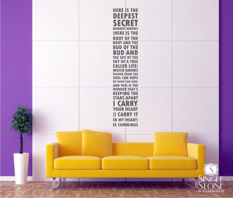 Subway Art Wall Decal Quote Text ee cummings I Carry Your Heart  - Wall Words