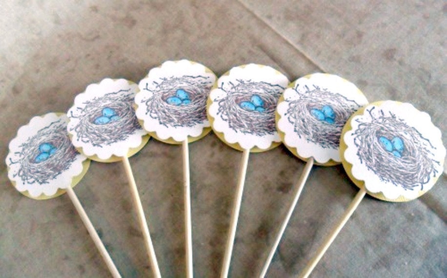 Yellow Blue Nest Egg Handmade Paper Cupcake Toppers